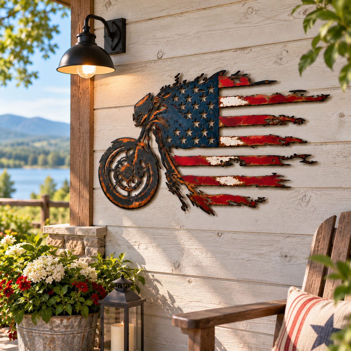 Patriotic Motorcycle American Flag Metal Wall Art