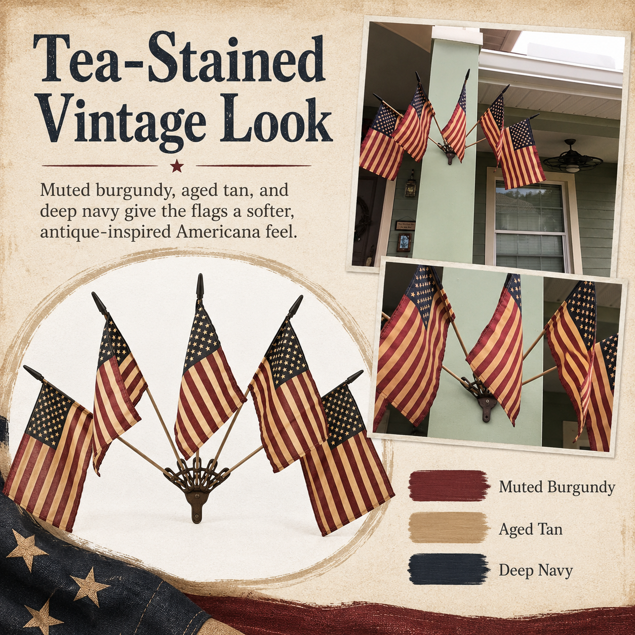 Vintage Tea-Stained American Flag Cast Iron Wall Holder | 5 Flags Rustic Farmhouse Wall Decor