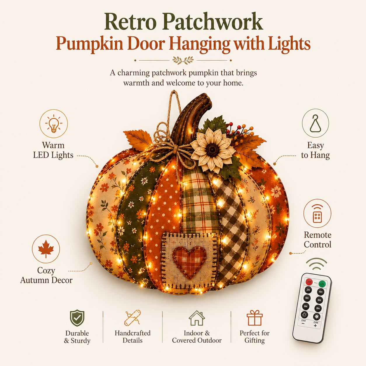 ๐๐ Vintage Patchwork Lighted Pumpkin Door Hanger โ Cozy Fall Front Door Decor