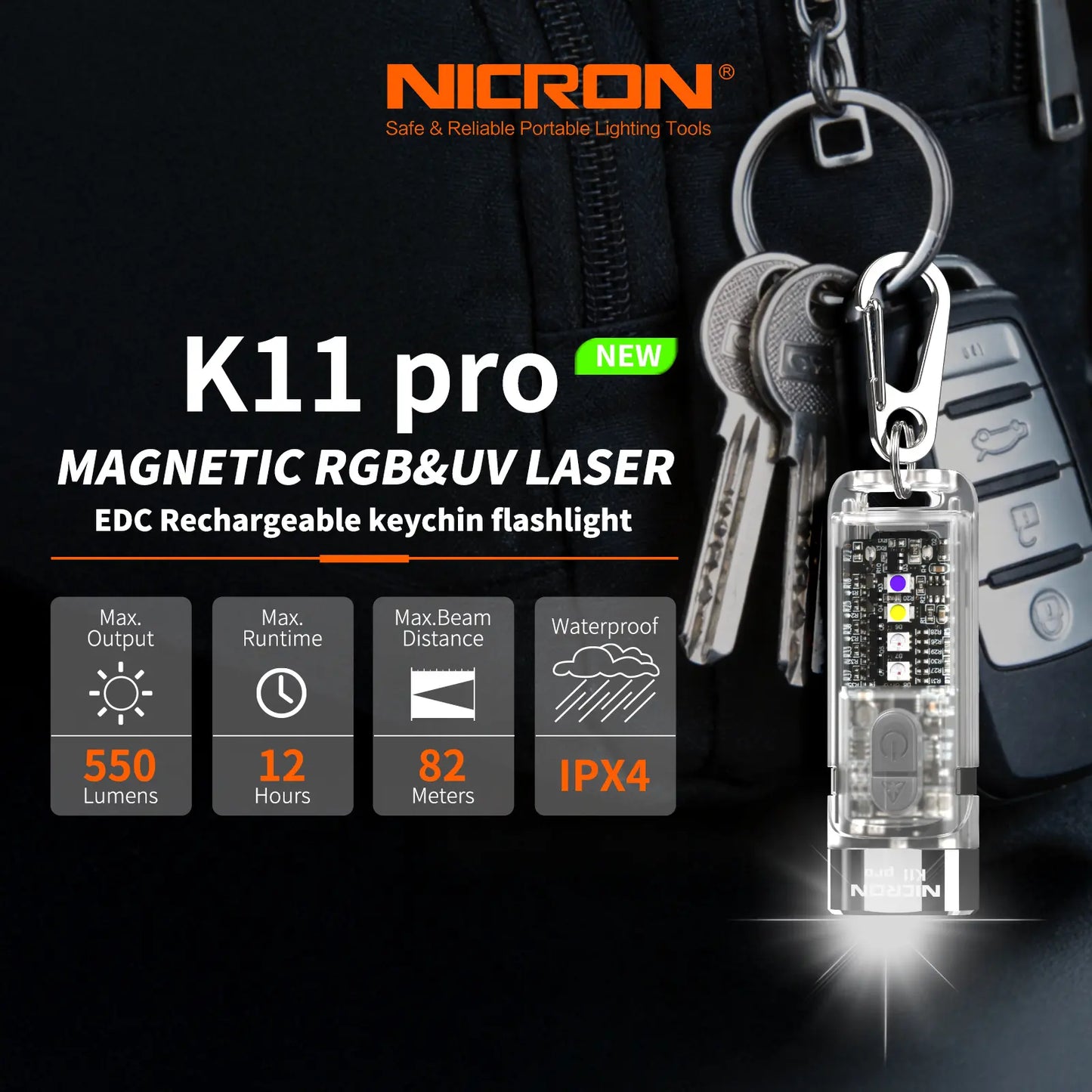Magnetic Keychain Flashlight 550LM RGB UV Laser Rechargeable EDC Pocket Light