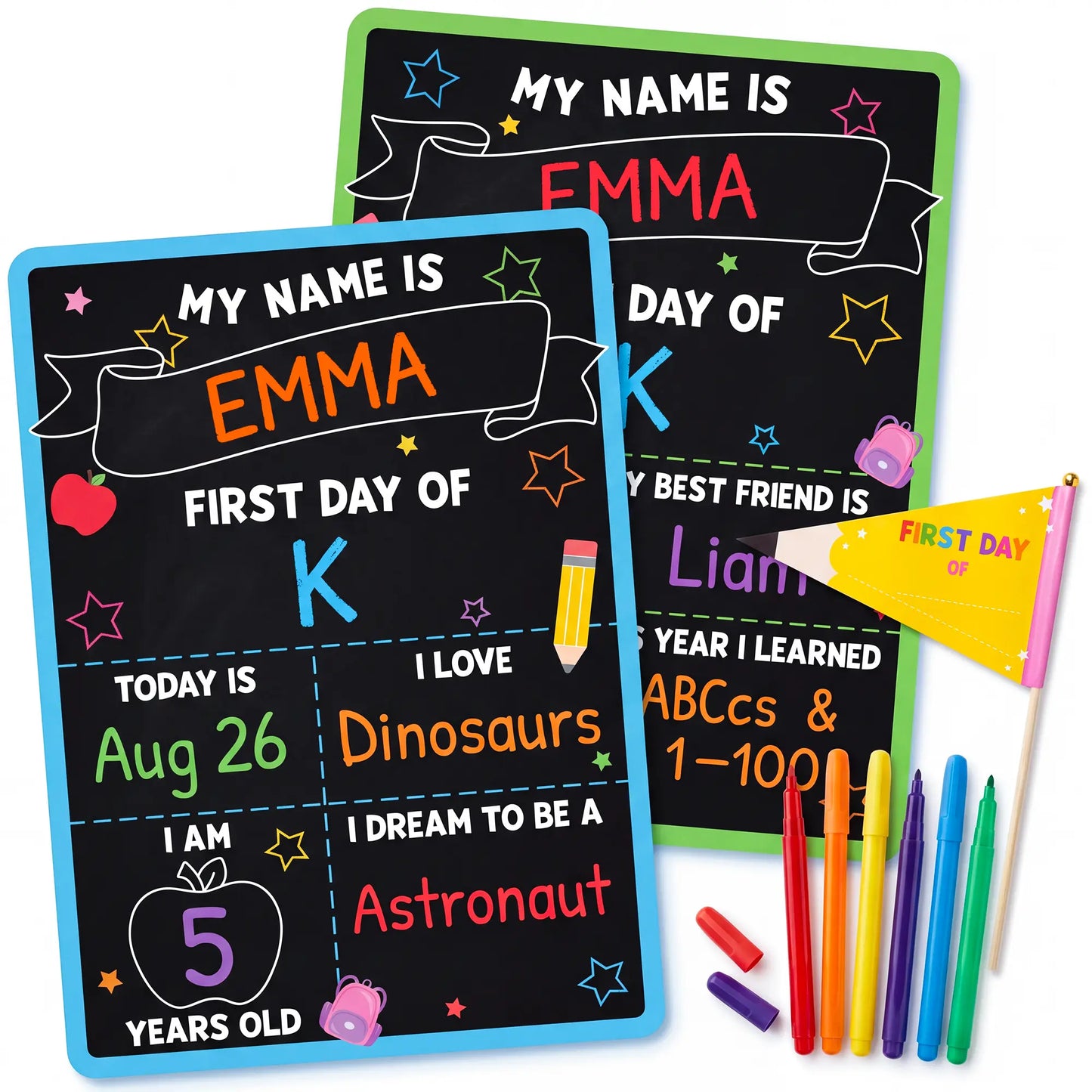 📚 First & Last Day of School Reusable Chalkboard Sign – Double-Sided Photo Board with Marker & Pencil Flag