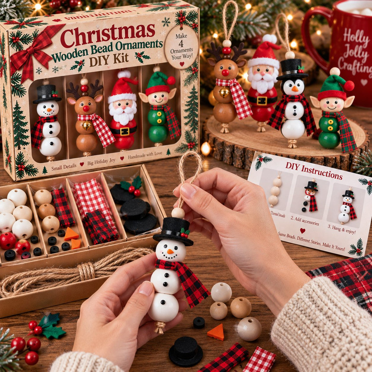 🎄 Create 4 Christmas Keepsakes – Wooden Bead Ornament Kit ✨