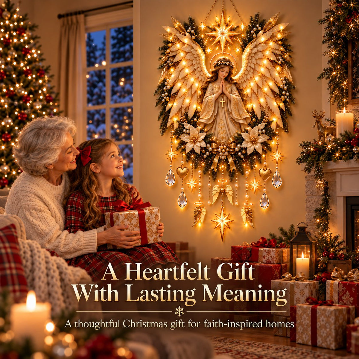 ✨👼 Illuminated Praying Angel Christmas Wreath – A Heavenly Holiday Welcome 🎄🙏