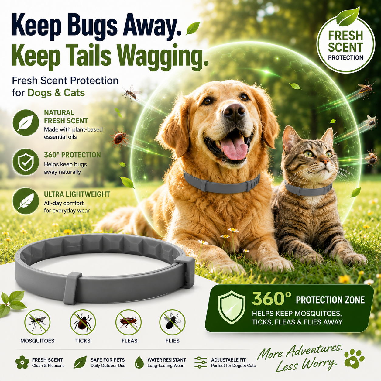 🔥 49% OFF TODAY 🐾Fresh Scent Adjustable Pet Bug Repellent Collar for Dogs & Cats