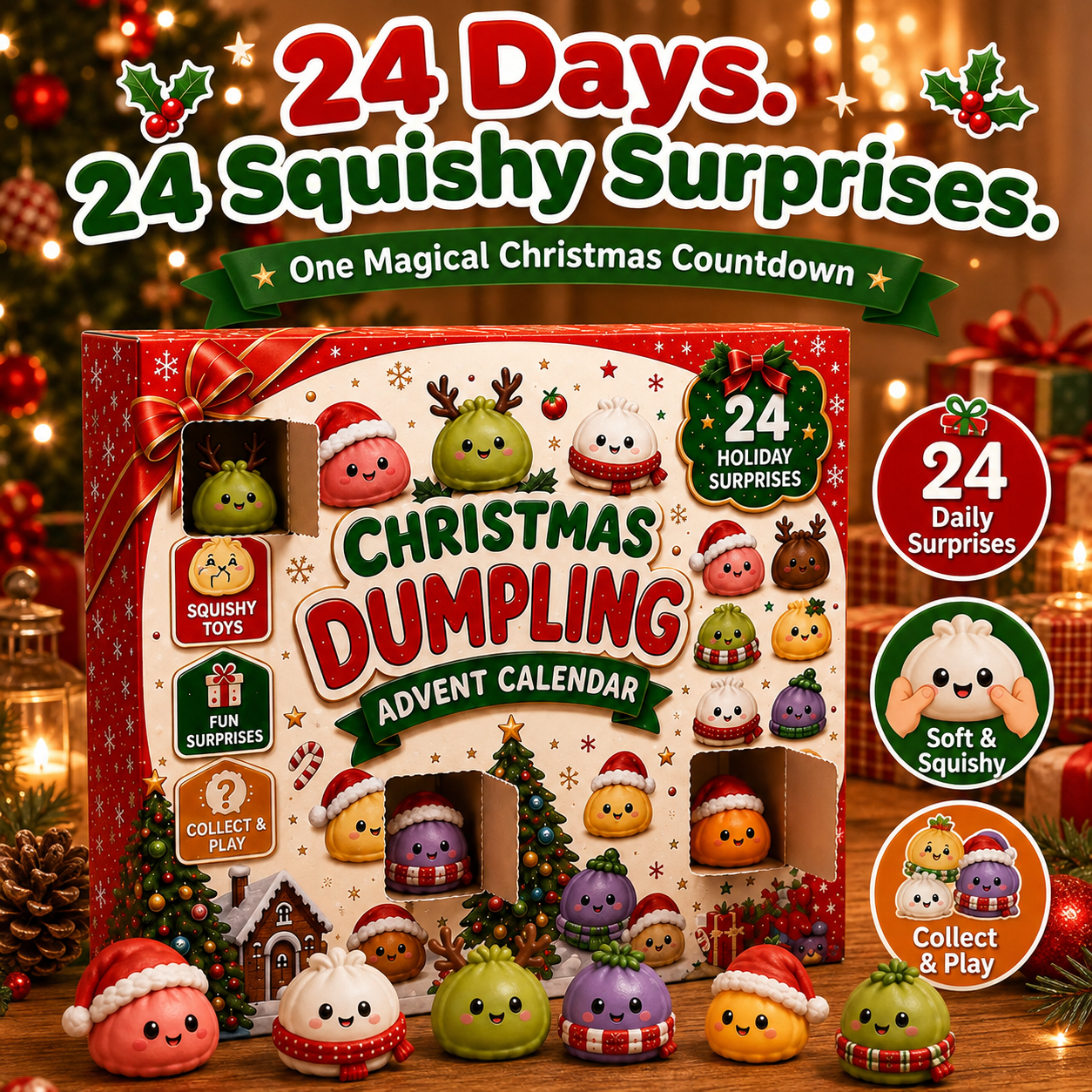 🎅🥟 24-Day Christmas Dumpling Squishy Advent Calendar – 24 Cute Surprises to Collect & Squeeze