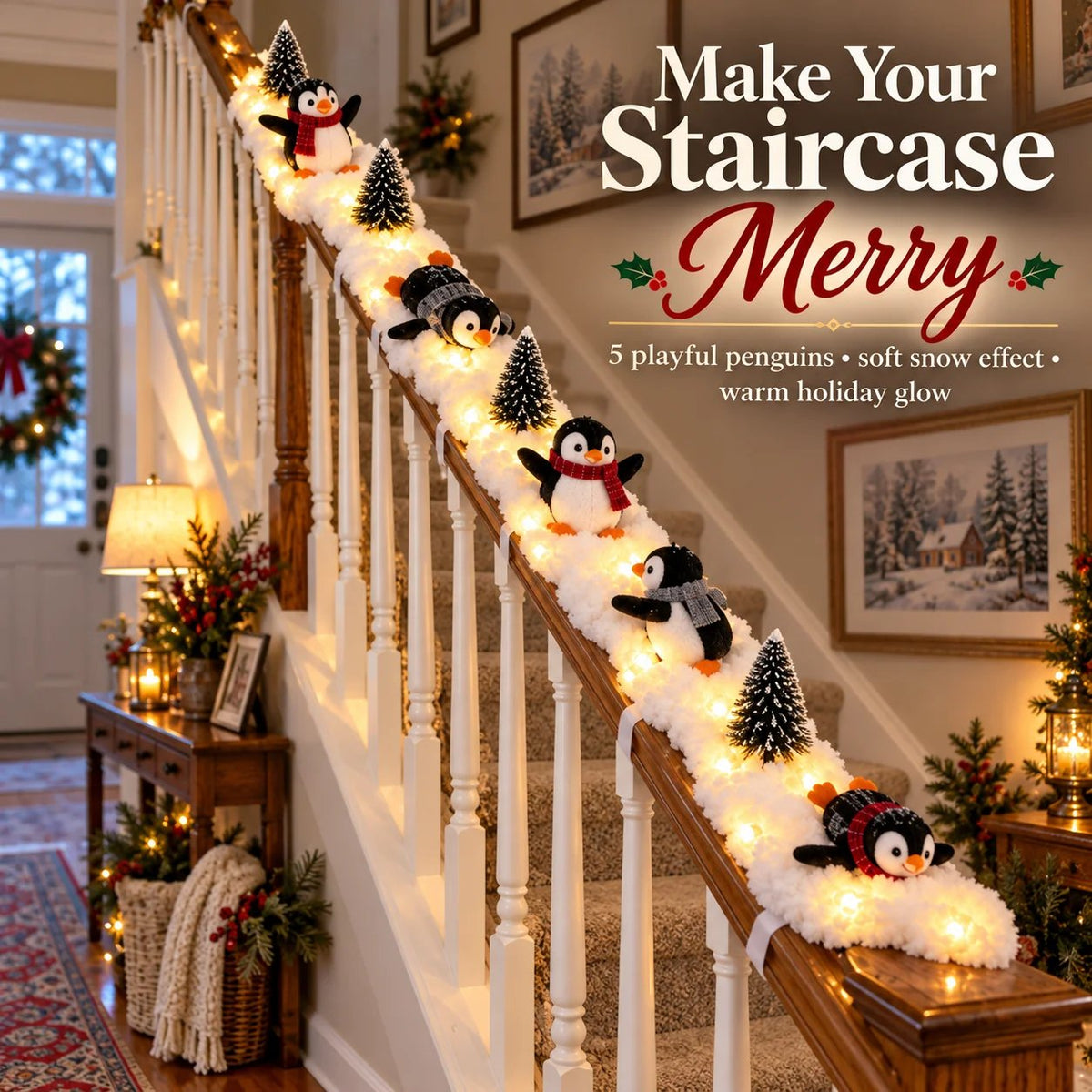 🐧 Playful Penguin Christmas Stair Railing Decor | ❄️ Fluffy Snow Texture & ✨ Warm LED Glow Light