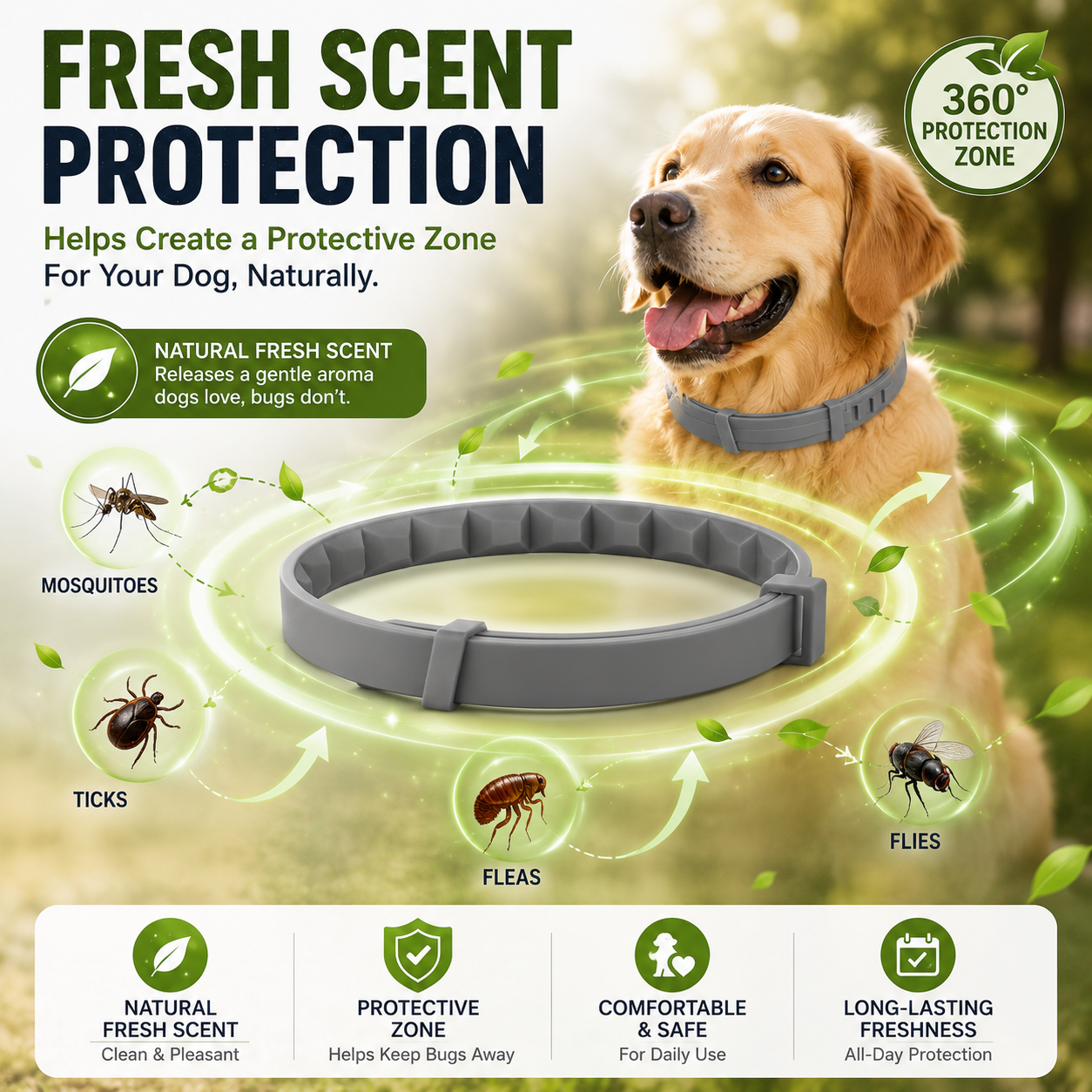 🔥 49% OFF TODAY 🐾Fresh Scent Adjustable Pet Bug Repellent Collar for Dogs & Cats