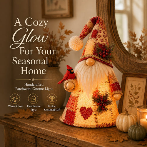 🐦✨ Patchwork Bird Gnome LED Light – Farmhouse Tabletop Decor for Mantels, Shelves & Holiday Display