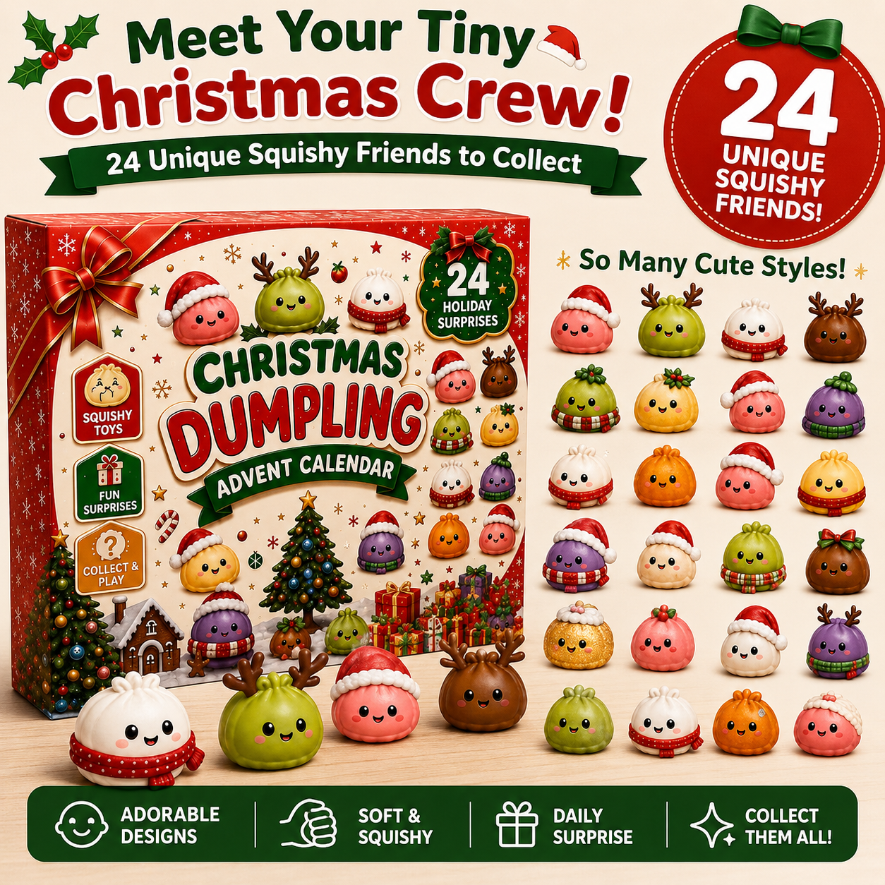 🎅🥟 24-Day Christmas Dumpling Squishy Advent Calendar – 24 Cute Surprises to Collect & Squeeze