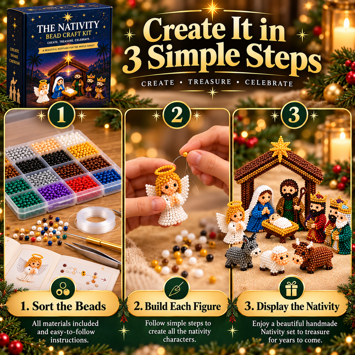 ✝️3D Beaded Nativity Collection DIY Kit – Handmade Christmas Faith Craft Set (8-Piece Set)