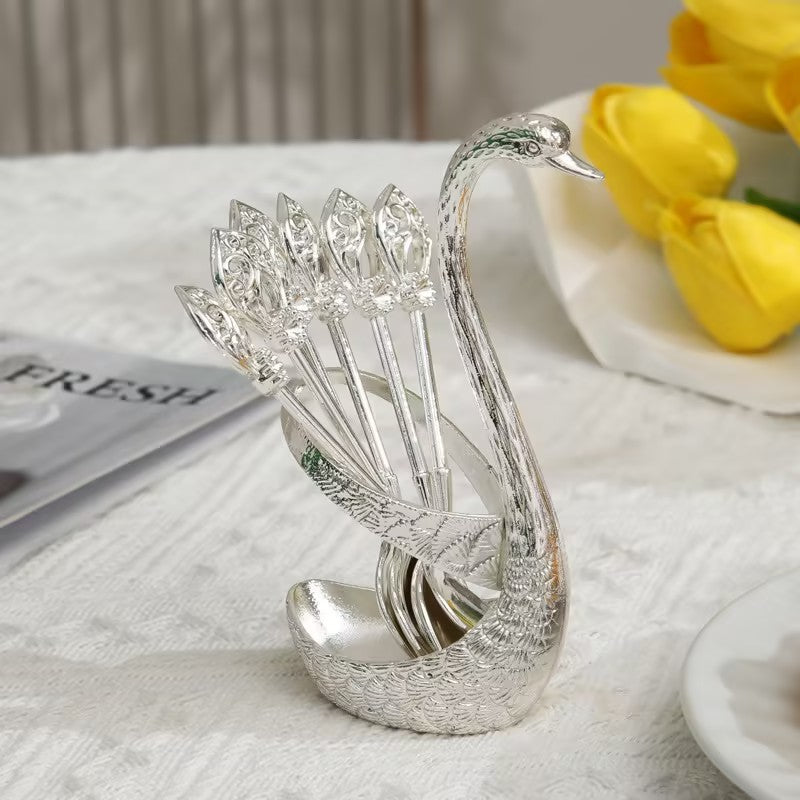 🦢Swan Spoon Set with Holder 6Pc Stainless Steel Coffee & Dessert Spoons