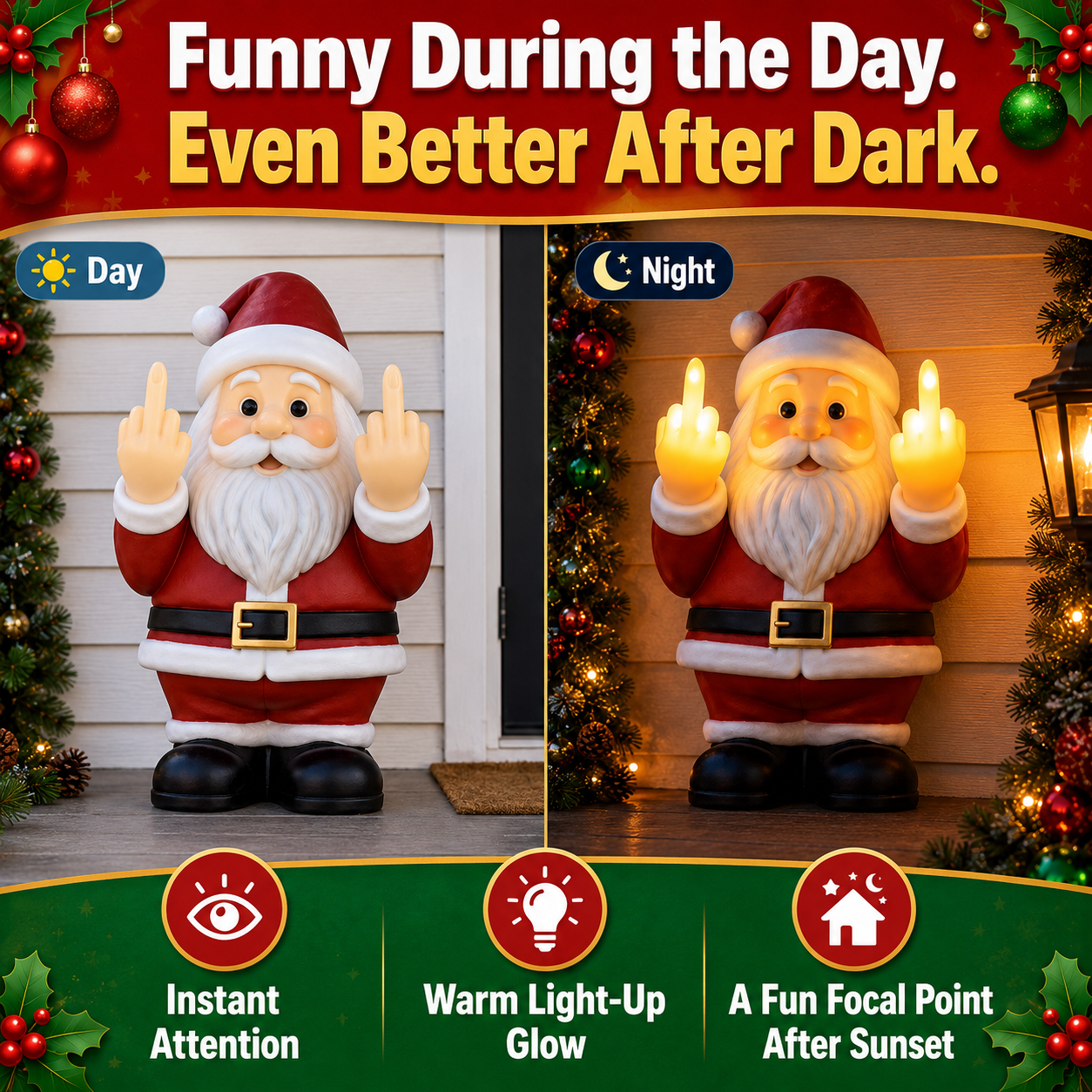 🎅 Naughty Light-Up Middle Finger Santa – Funny Christmas Wall Décor That Gets Everyone Talking