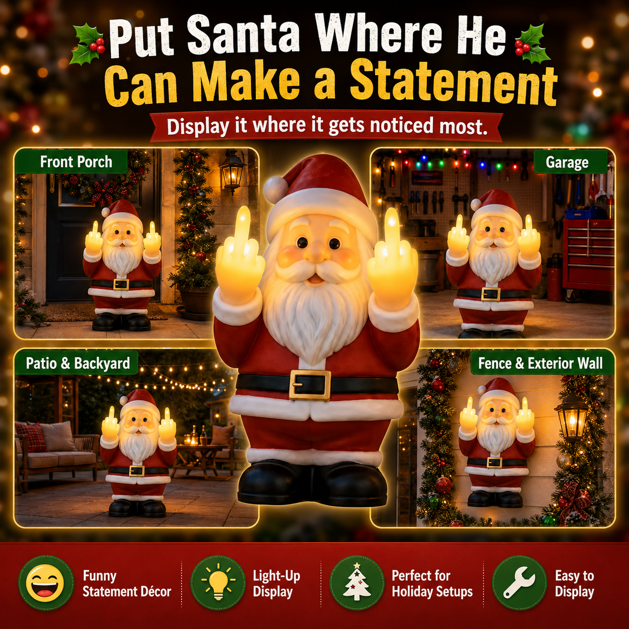 🎅 Naughty Light-Up Middle Finger Santa – Funny Christmas Wall Décor That Gets Everyone Talking