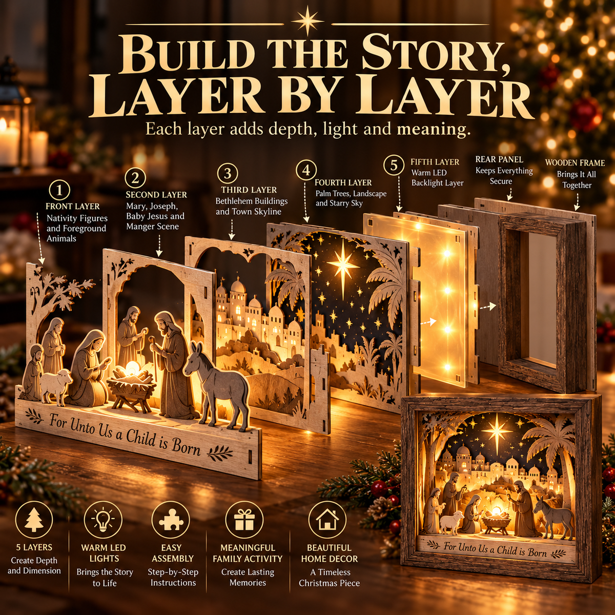 ⭐ Bethlehem Light-Up Nativity Shadow Box DIY Kit – Layered Wooden Christmas Craft
