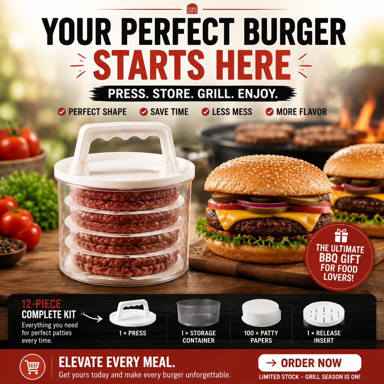 🍔 Burger Patty Press Kit – Perfect Homemade Burger Maker For BBQ & Grilling