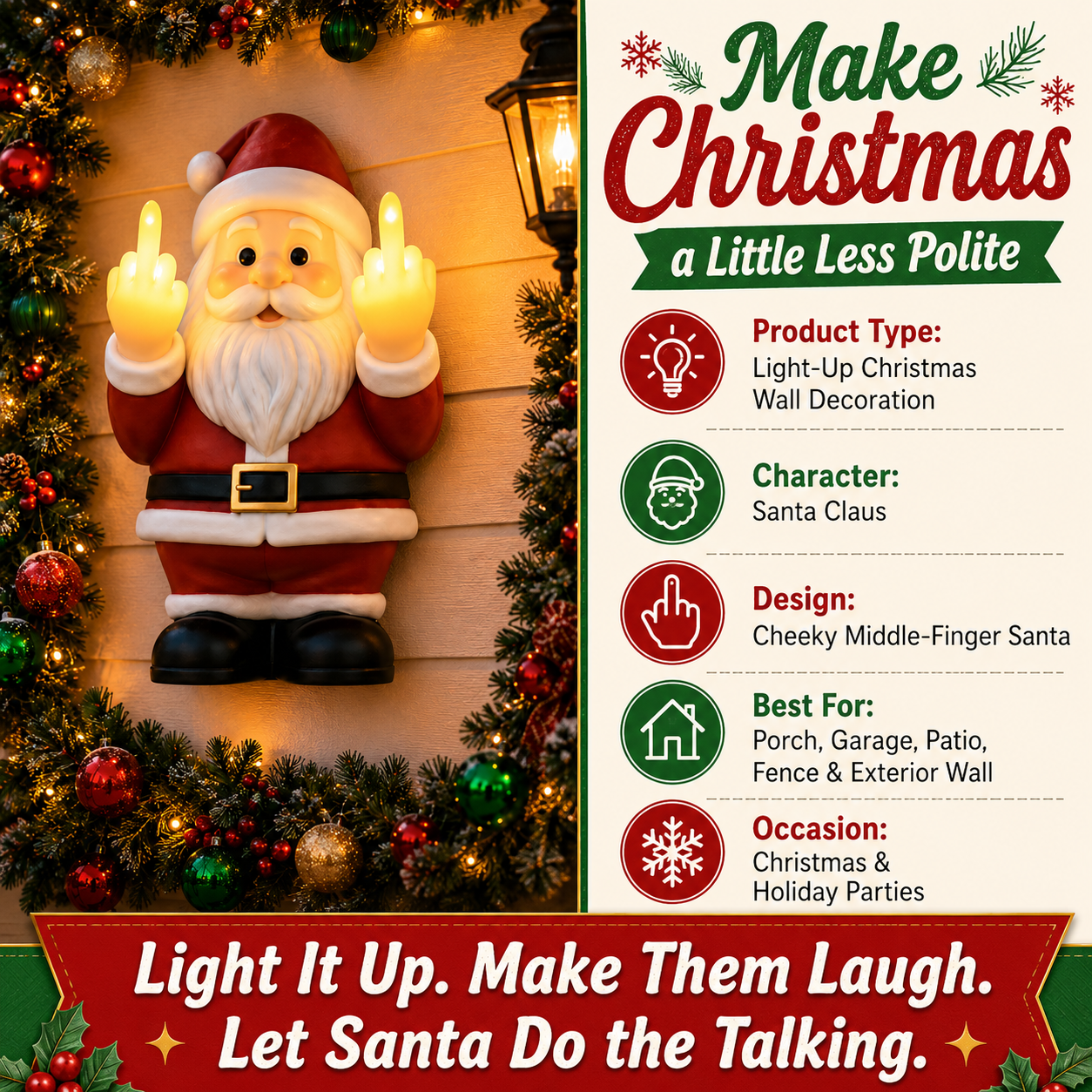 🎅 Naughty Light-Up Middle Finger Santa – Funny Christmas Wall Décor That Gets Everyone Talking