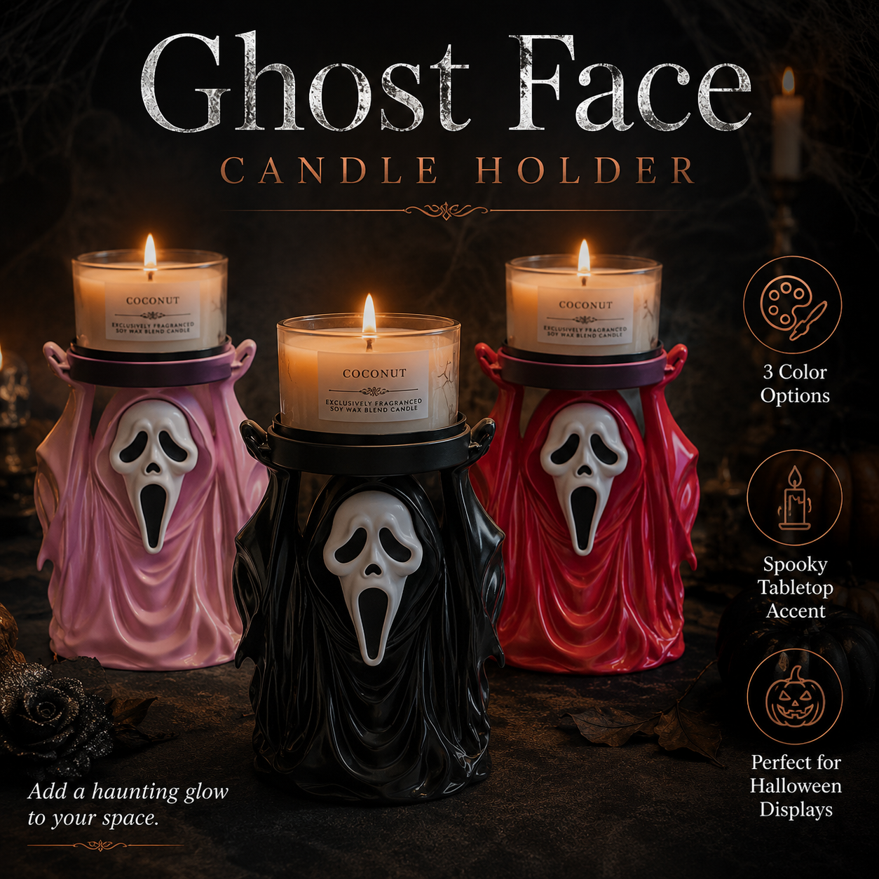 Ghost Face 3-Wick Candle Holder – Gothic Horror Décor for Halloween & Horror Lovers