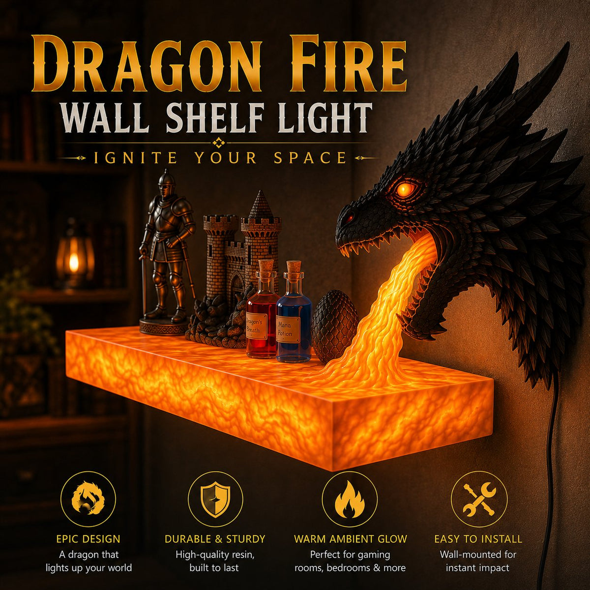 🐉🔥 Dragonfire Wall Shelf -Epic Flame-Style Room Decor