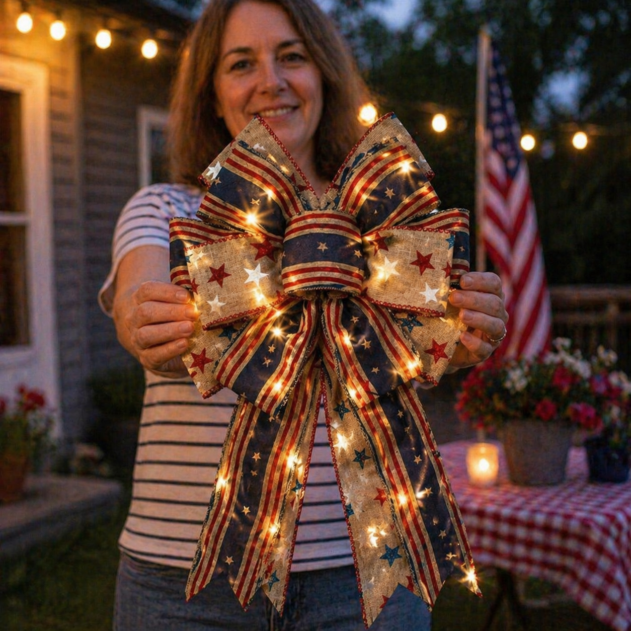 🔥 Buy 1 Get 1 Free🇺🇸 Patriotic Burlap Bow Rustic American Flag Wreath Decor