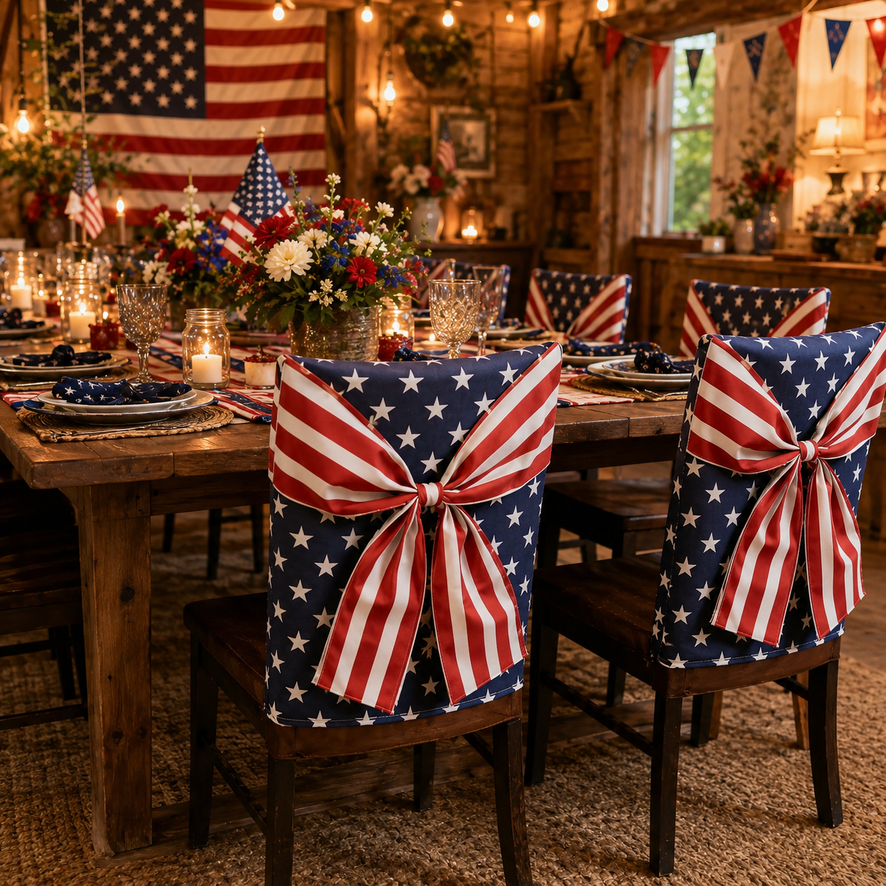 🎆 American Flag Chair Covers with Patriotic Bow for Independence Day Decor
