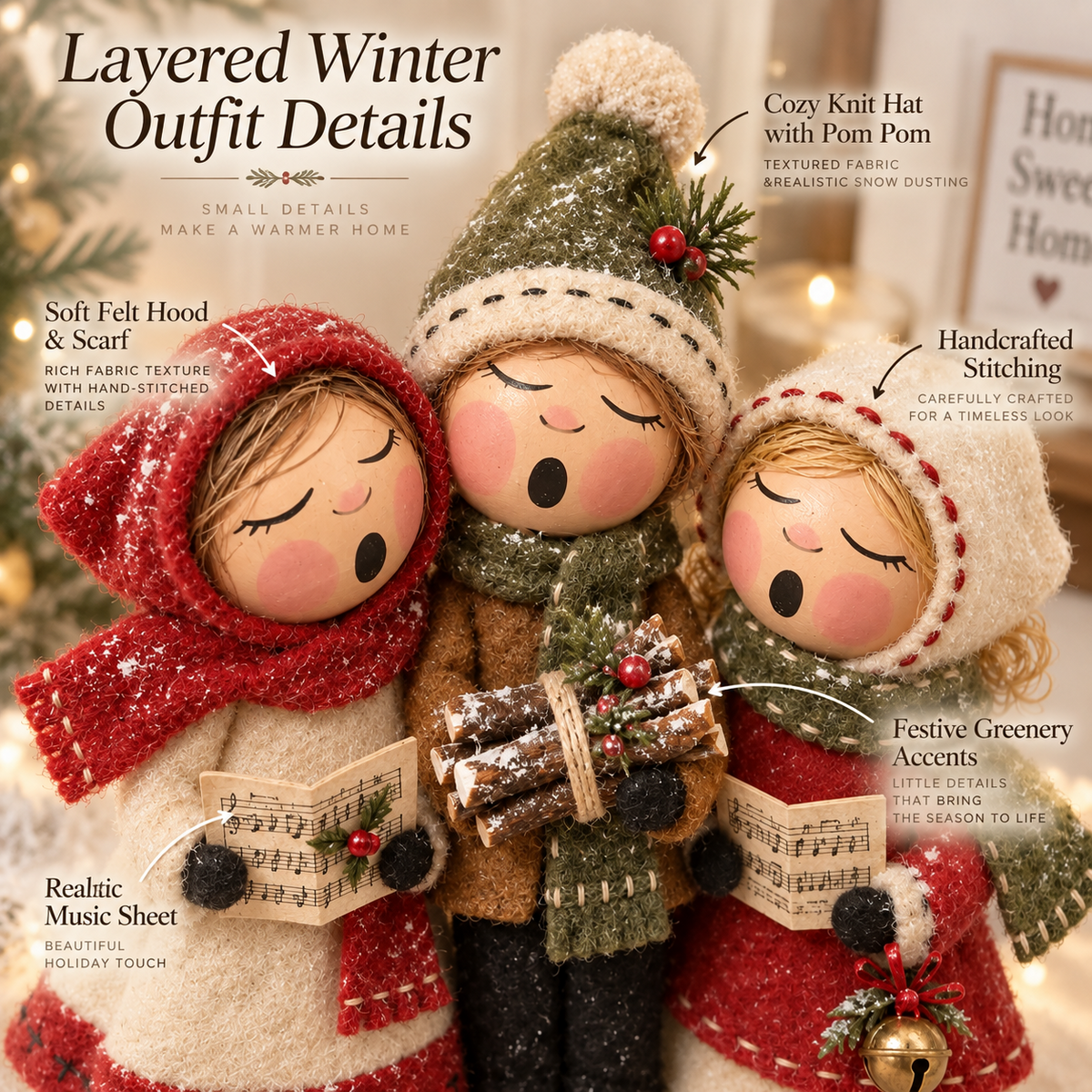 🎶🎄 Christmas Caroling Trio – Vintage Farmhouse Tabletop Decor