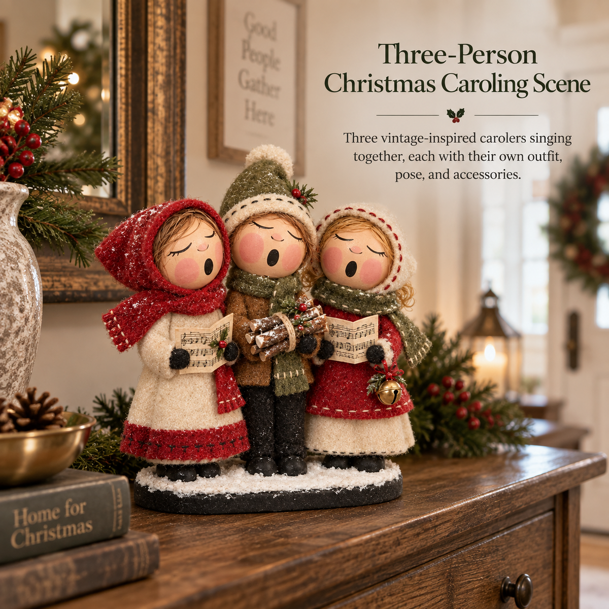 🎶🎄 Christmas Caroling Trio – Vintage Farmhouse Tabletop Decor
