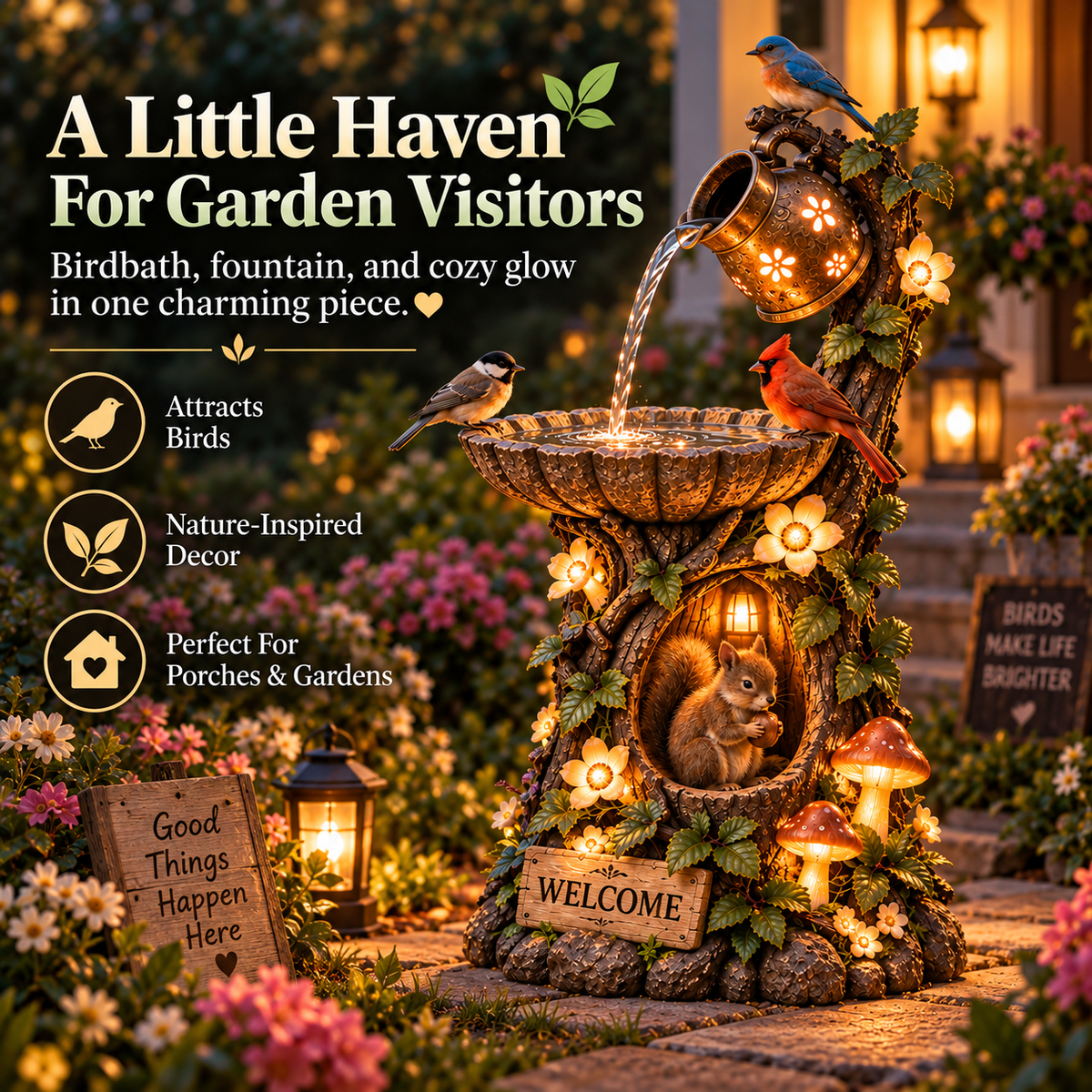 🐦🐿️✨Solar  Woodland Friends Lighted Fountain – Enchanted Garden Decor