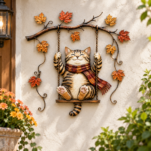 🐱🍂 Cozy Cat Swing Autumn Wall Art | Rustic Metal Fall Home Décor