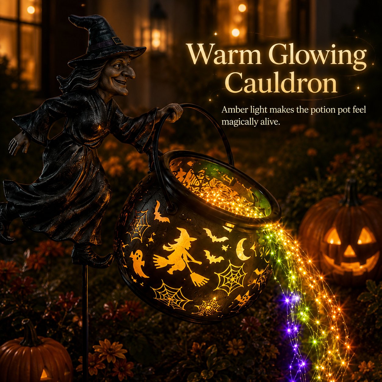 🧙🎃 Halloween Flying Witch Cauldron Garden Stake Light