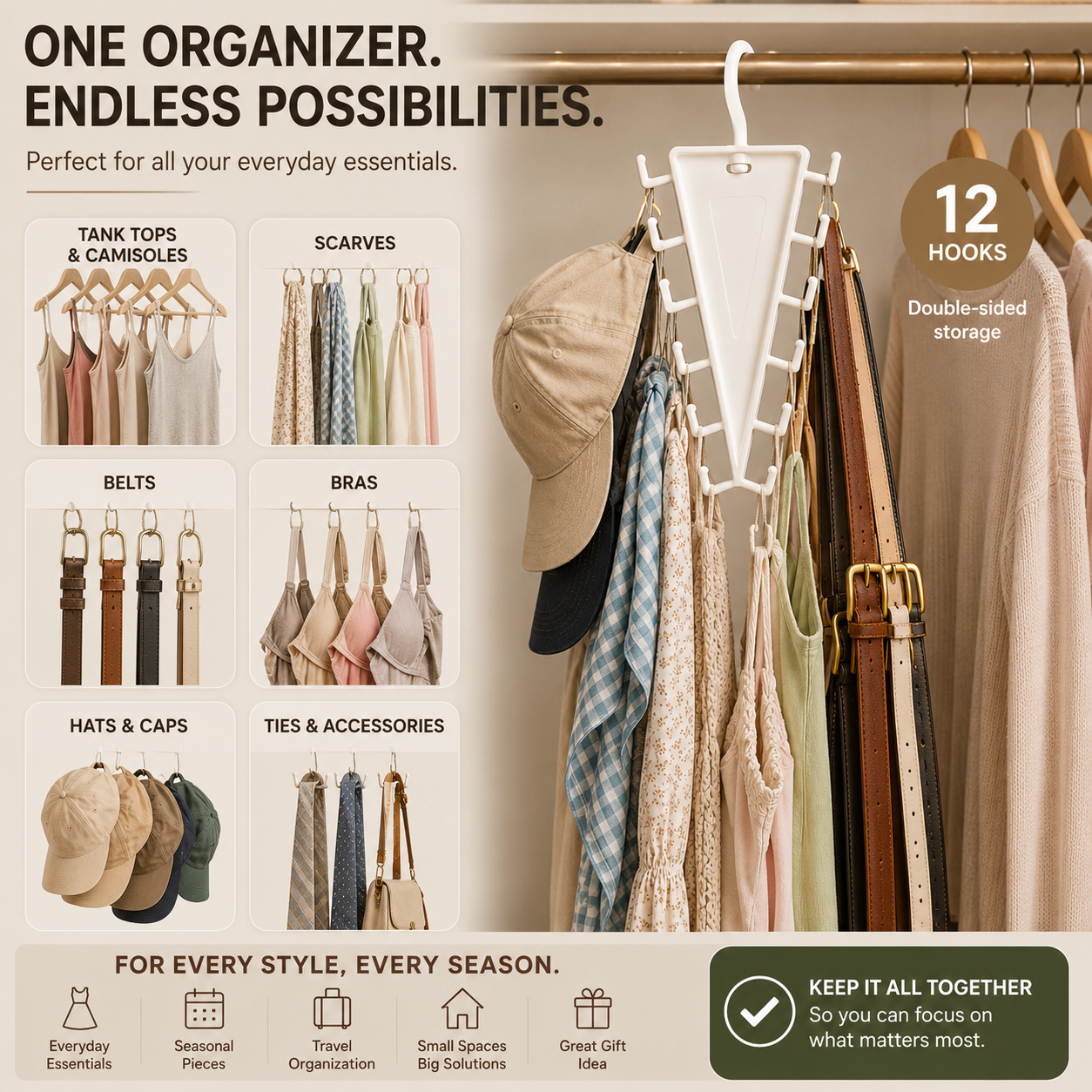 👚12-Hook 360° Rotating Closet Organizer – Maximize Space & Keep Accessories Neatly Within Reach