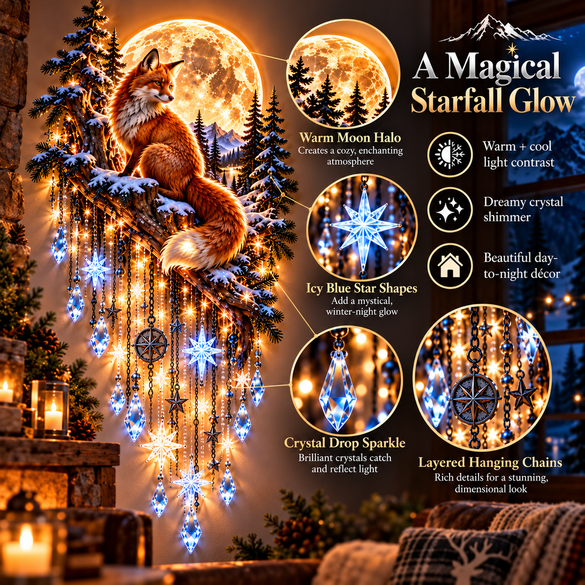 🦊🌕 Fox Moon Starfall Wall Light – Enchanted Woodland Glow with Crystal Cascading Lights