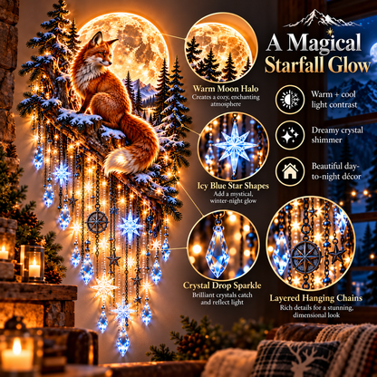 🦊🌕 Fox Moon Starfall Wall Light – Enchanted Woodland Glow with Crystal Cascading Lights
