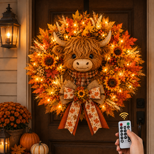 🍁🐮 Highland Cow Autumn Wreath – Lighted Farmhouse Front Door Decor