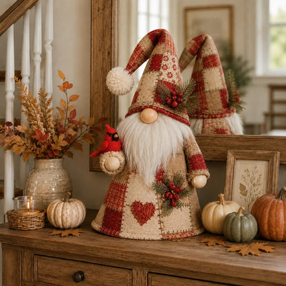 🐦✨ Patchwork Bird Gnome LED Light – Farmhouse Tabletop Decor for Mantels, Shelves & Holiday Display