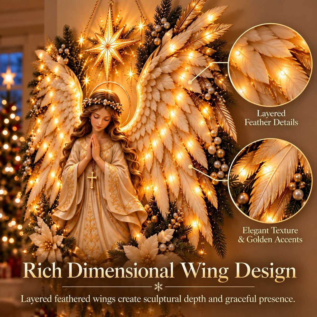 ✨👼 Illuminated Praying Angel Christmas Wreath – A Heavenly Holiday Welcome 🎄🙏