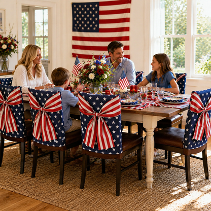 🎆 American Flag Chair Covers with Patriotic Bow for Independence Day Decor