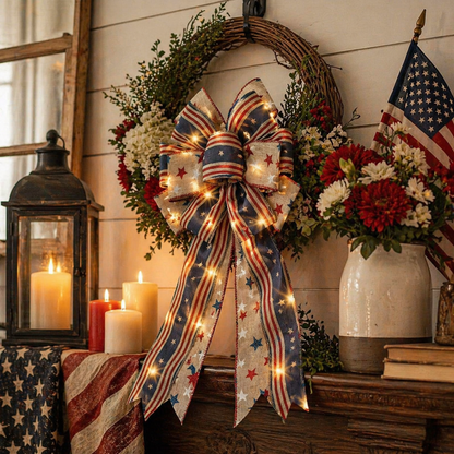 🔥 Buy 1 Get 1 Free🇺🇸 Patriotic Burlap Bow Rustic American Flag Wreath Decor
