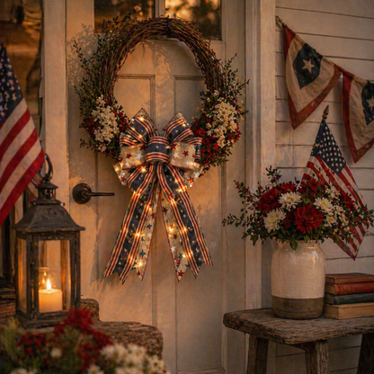 🔥 Buy 1 Get 1 Free🇺🇸 Patriotic Burlap Bow Rustic American Flag Wreath Decor