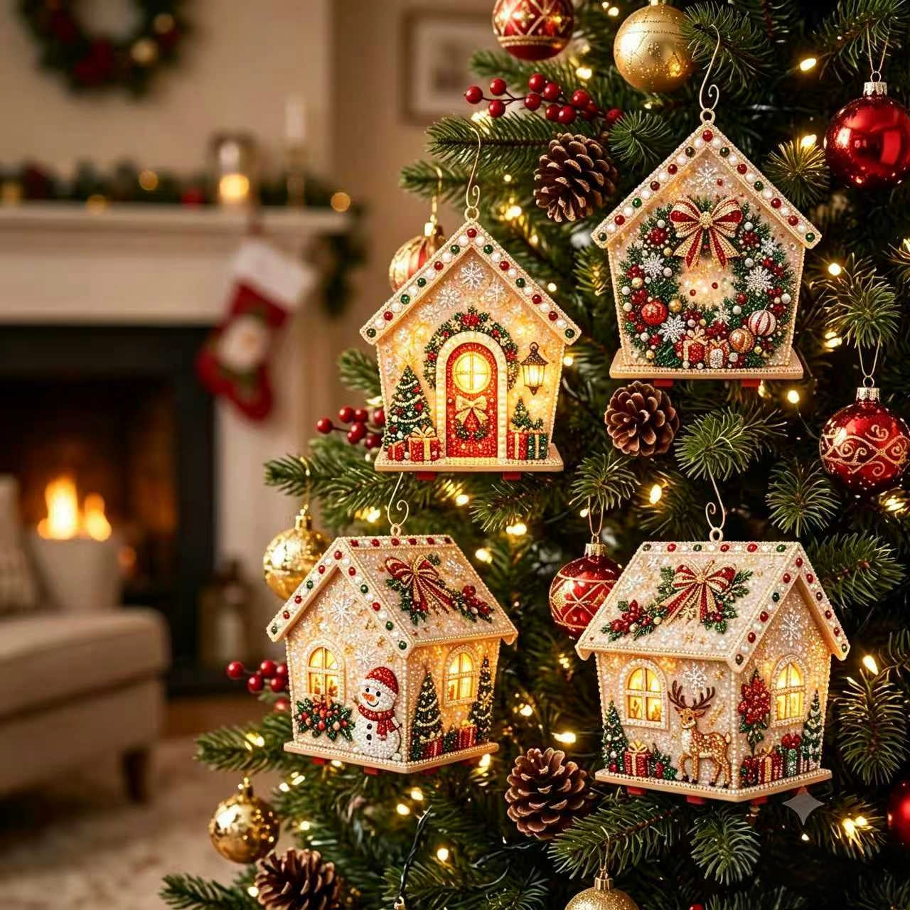 🏡 DIY Christmas Village Wooden House Diamond Art Kit – 3D Rhinestone Holiday Decor