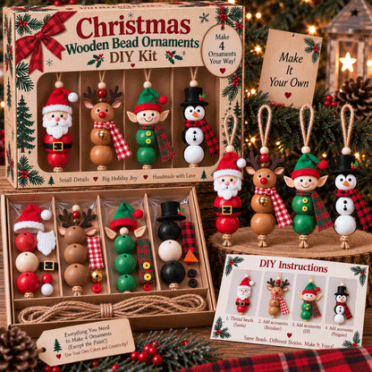 🎄 Create 4 Christmas Keepsakes – Wooden Bead Ornament Kit ✨