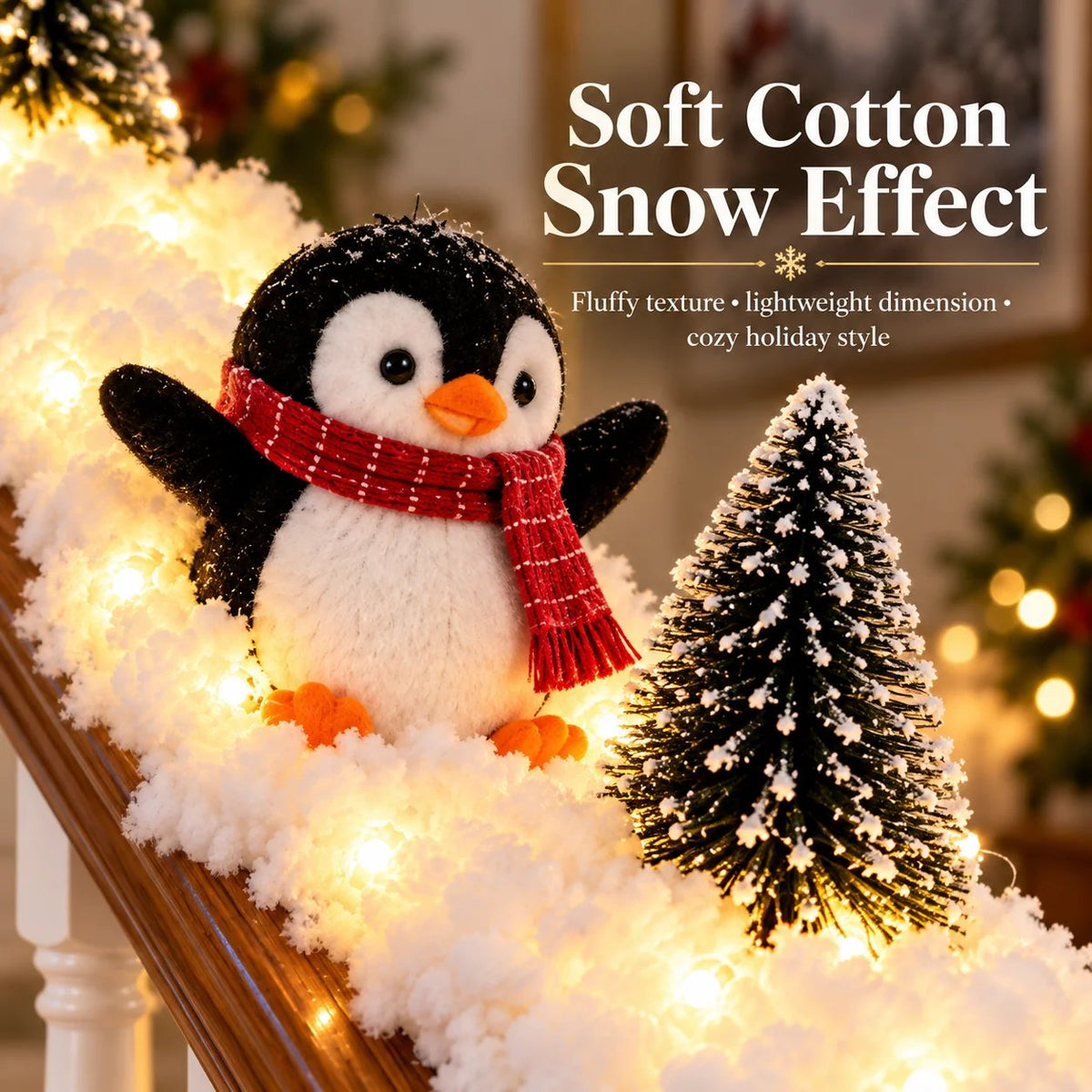 🐧 Playful Penguin Christmas Stair Railing Decor | ❄️ Fluffy Snow Texture & ✨ Warm LED Glow Light