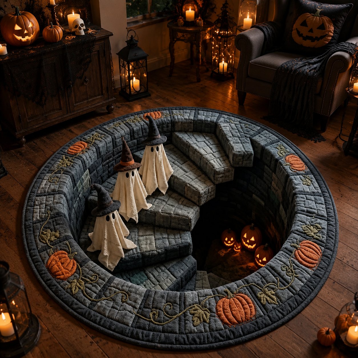 🕸️ Every Step Leads Somewhere Spooky –Haunted Stairway 3D Illusion Round Area Rug👻