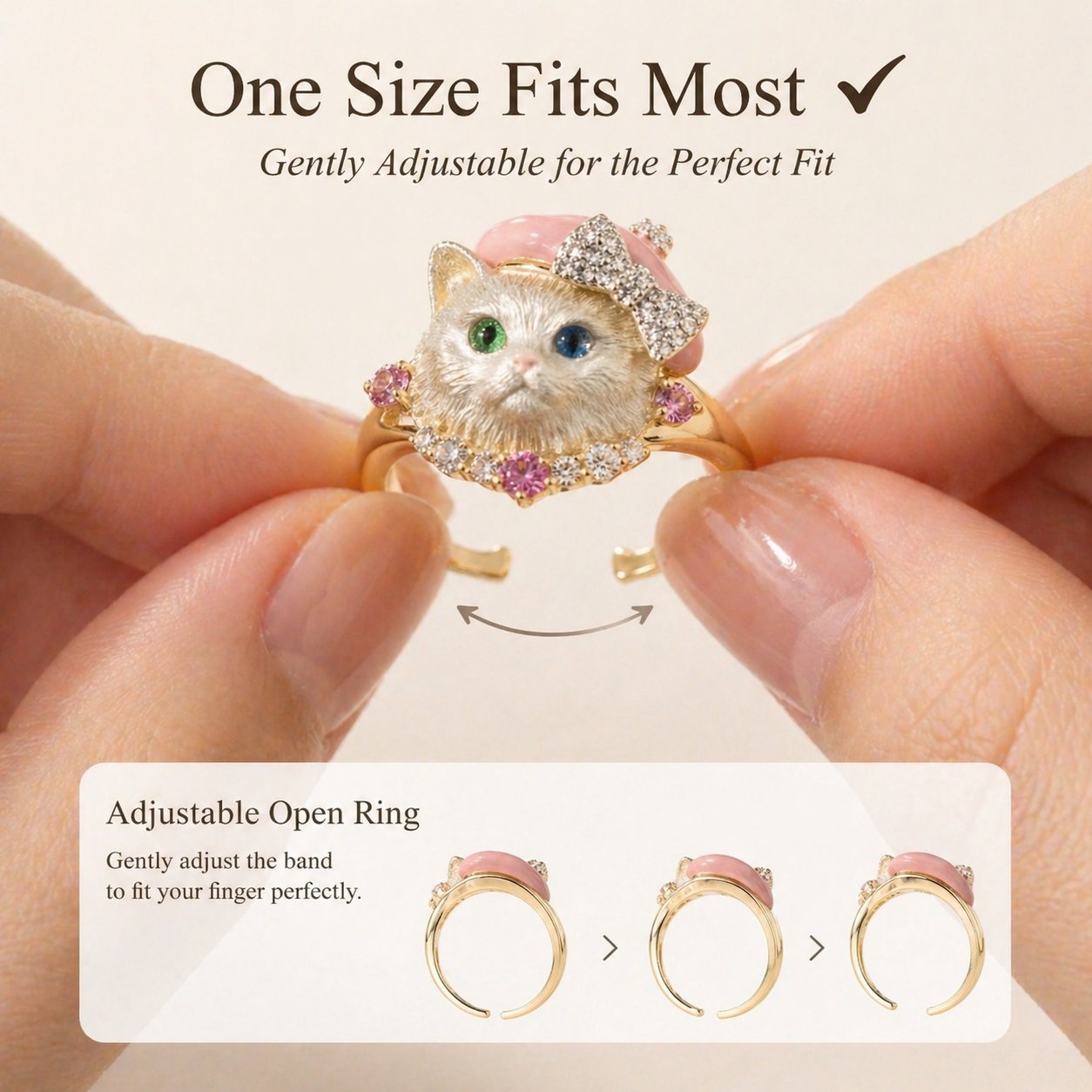 🐱💍Whimsical Pink Beret Cat Ring with Crystal Bow & Gemstone Eyes