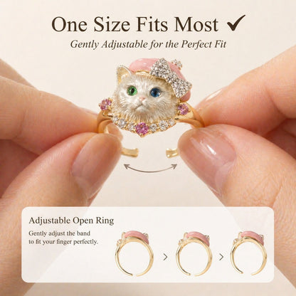 🐱💍Whimsical Pink Beret Cat Ring with Crystal Bow & Gemstone Eyes