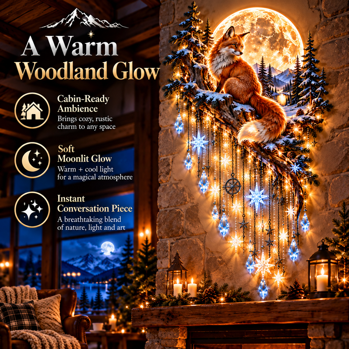 🦊🌕 Fox Moon Starfall Wall Light – Enchanted Woodland Glow with Crystal Cascading Lights