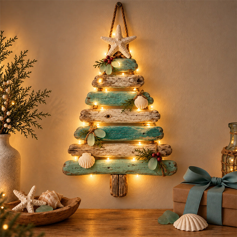 🌊🎄 Christmas by the Shore – Starfish & Sea Glass Holiday Wall Tree ✨