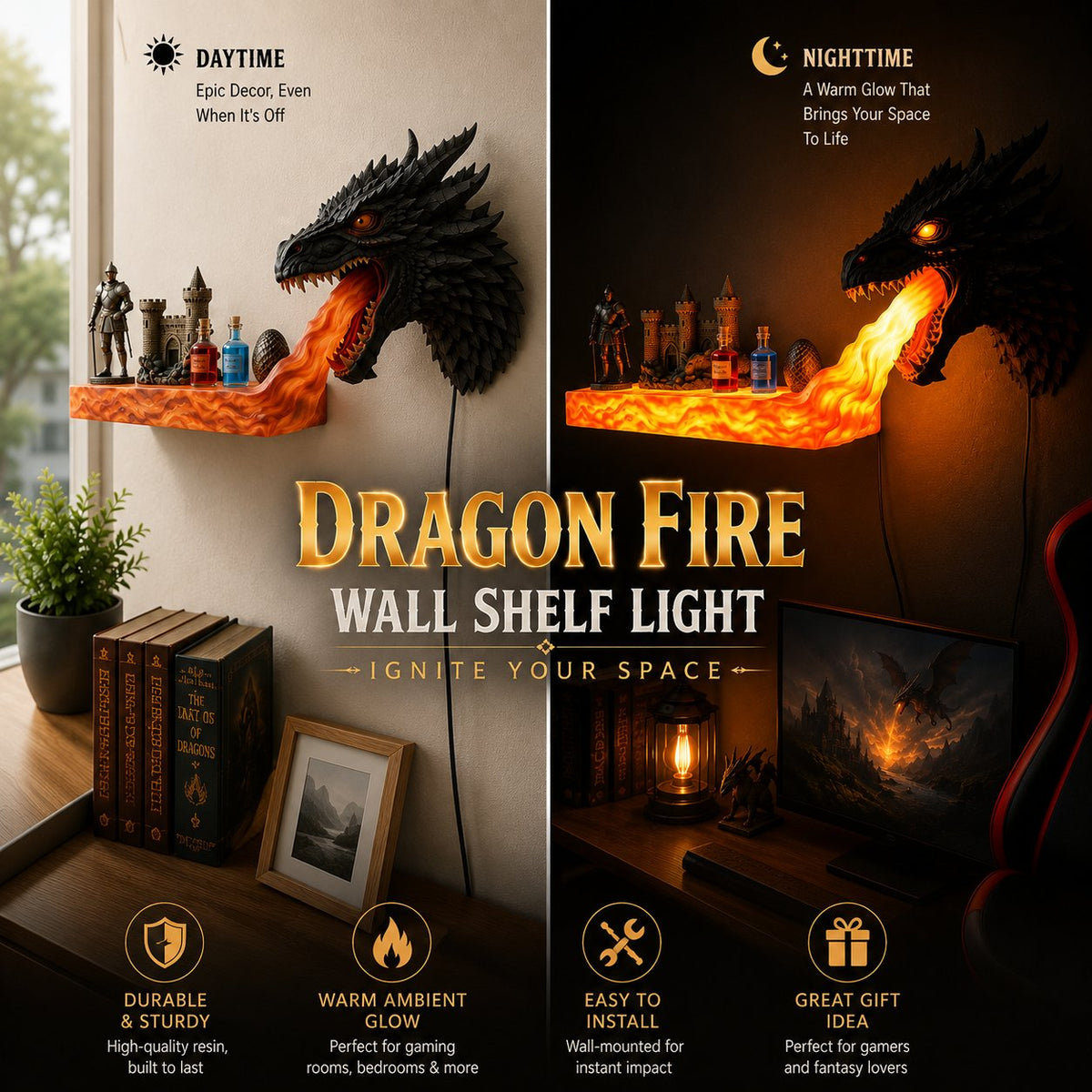 🐉🔥 Dragonfire Wall Shelf -Epic Flame-Style Room Decor