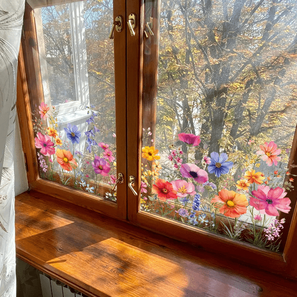 💐🖼️Colorful Floral Bouquet Window Cling - Double-Sided Printed Static Sticker for Home Decor