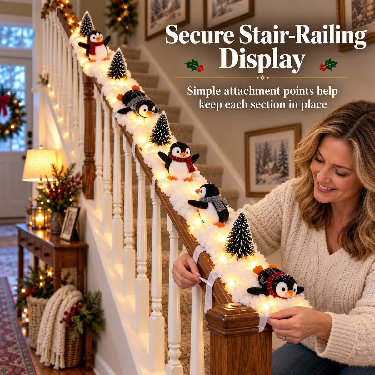 🐧 Playful Penguin Christmas Stair Railing Decor | ❄️ Fluffy Snow Texture & ✨ Warm LED Glow Light