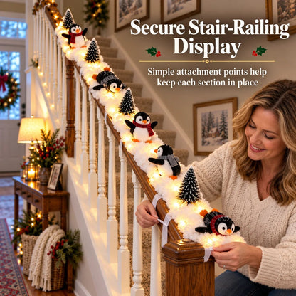 🐧 Playful Penguin Christmas Stair Railing Decor | ❄️ Fluffy Snow Texture & ✨ Warm LED Glow Light